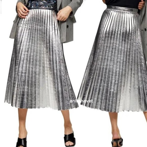 TOPSHOP Metallic Pleated Midi Skirt - Picture 2 of 9